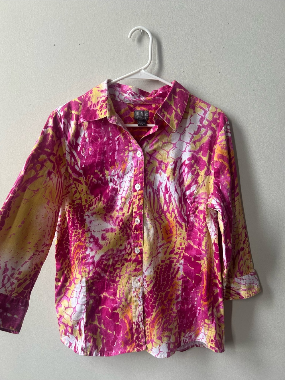 Chico's Additions Pink and Yellow Abstract Button-Up Top